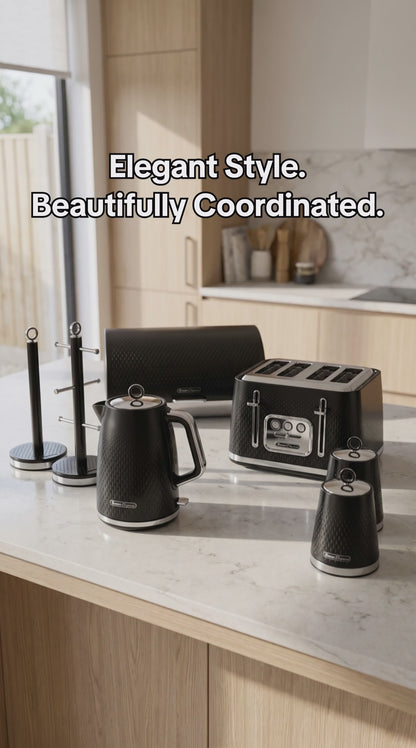 Swan Elegance Kettle, Toaster, Bread Bin, Canisters, Mug Tree & Towel Pole Kitchen Set (Black)