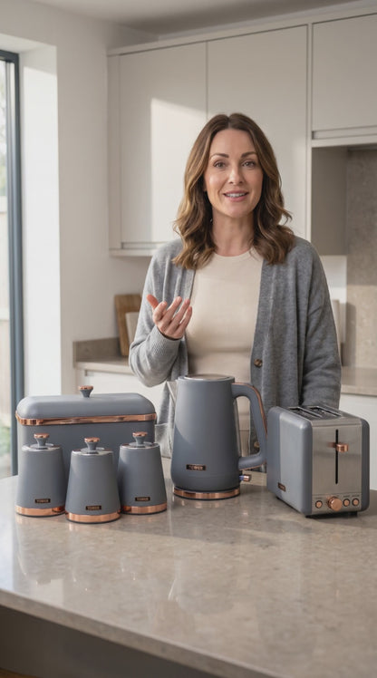 Tower Cavaletto Jug Kettle, 2 Slice Toaster, Bread Bin & Canisters Kitchen Set (Grey)