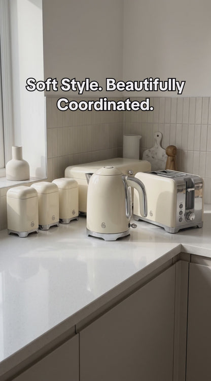 Swan Solace Jug Kettle, 2 Slice Toaster, Bread Bin & Canisters Kitchen Set (Cream)