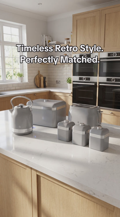 Swan Retro Pyramid Kettle, 2 Slice Toaster, Bread Bin & Canisters Kitchen Set (Grey)