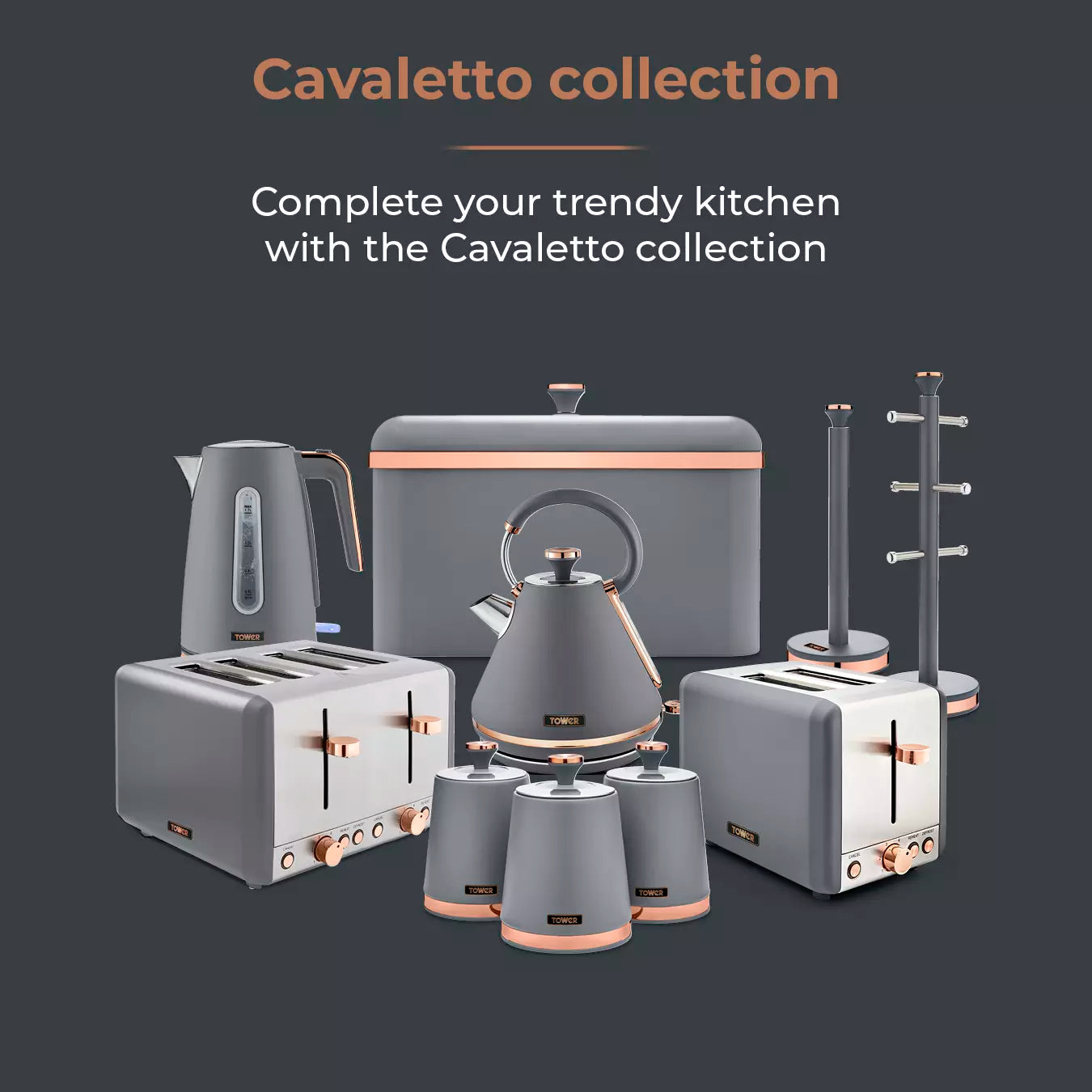 Tower Cavaletto Pyramid Kettle, 4 Slice Toaster & Microwave Kitchen Set (Grey)