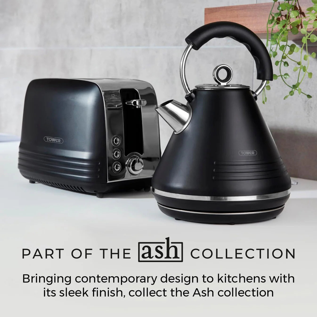 Tower Ash Kitchen Black Kettle and 2 Slice Toaster Set