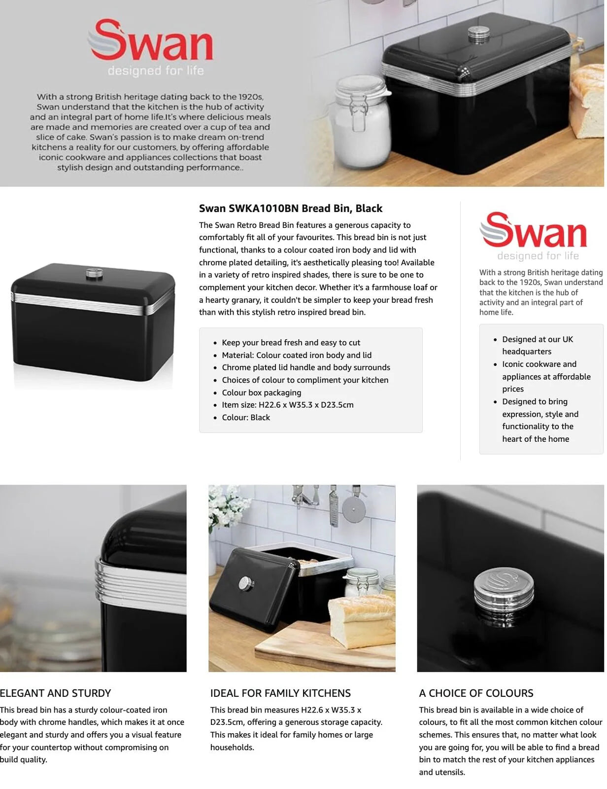 Swan Retro Bread Bin & Canisters Kitchen Set (Black)