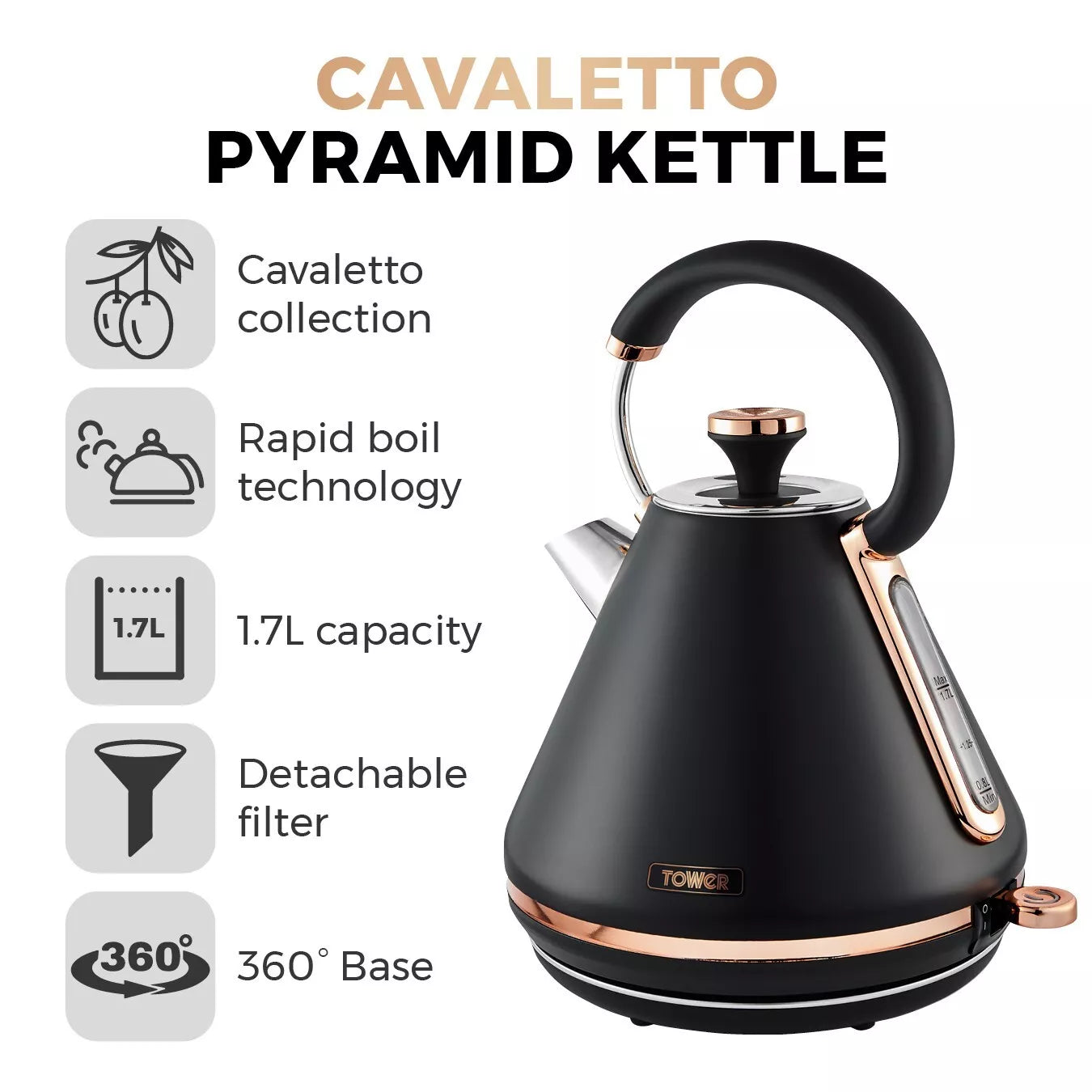 Tower Cavaletto Black Pyramid Kettle, 2 Slice Toaster Bread Bin Canisters Kitchen Set