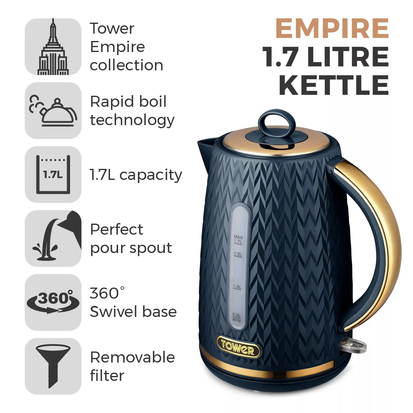 Tower Empire Kettle Brass Accents T10052MNB (Midnight Blue)