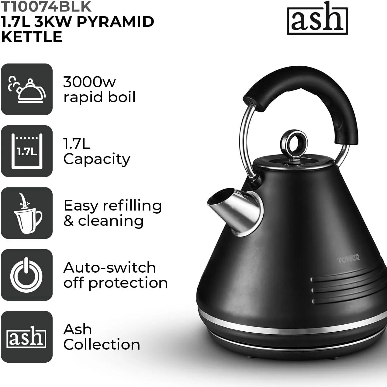 Tower Ash Kitchen Black Kettle and 2 Slice Toaster Set