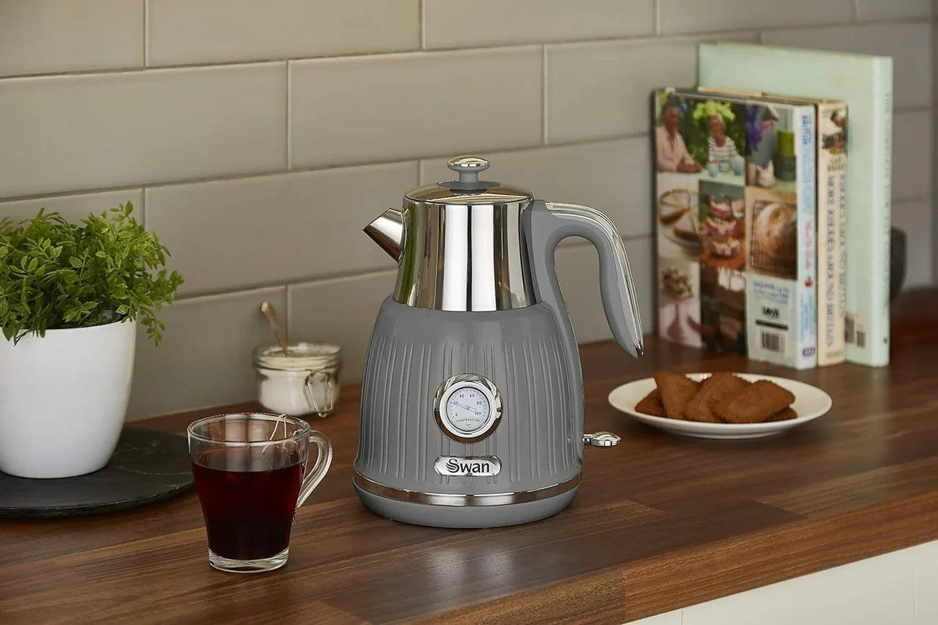 Swan Retro Kitchen Set Grey Kettle, Toaster, Bread Bin, Canisters,Towel Holder