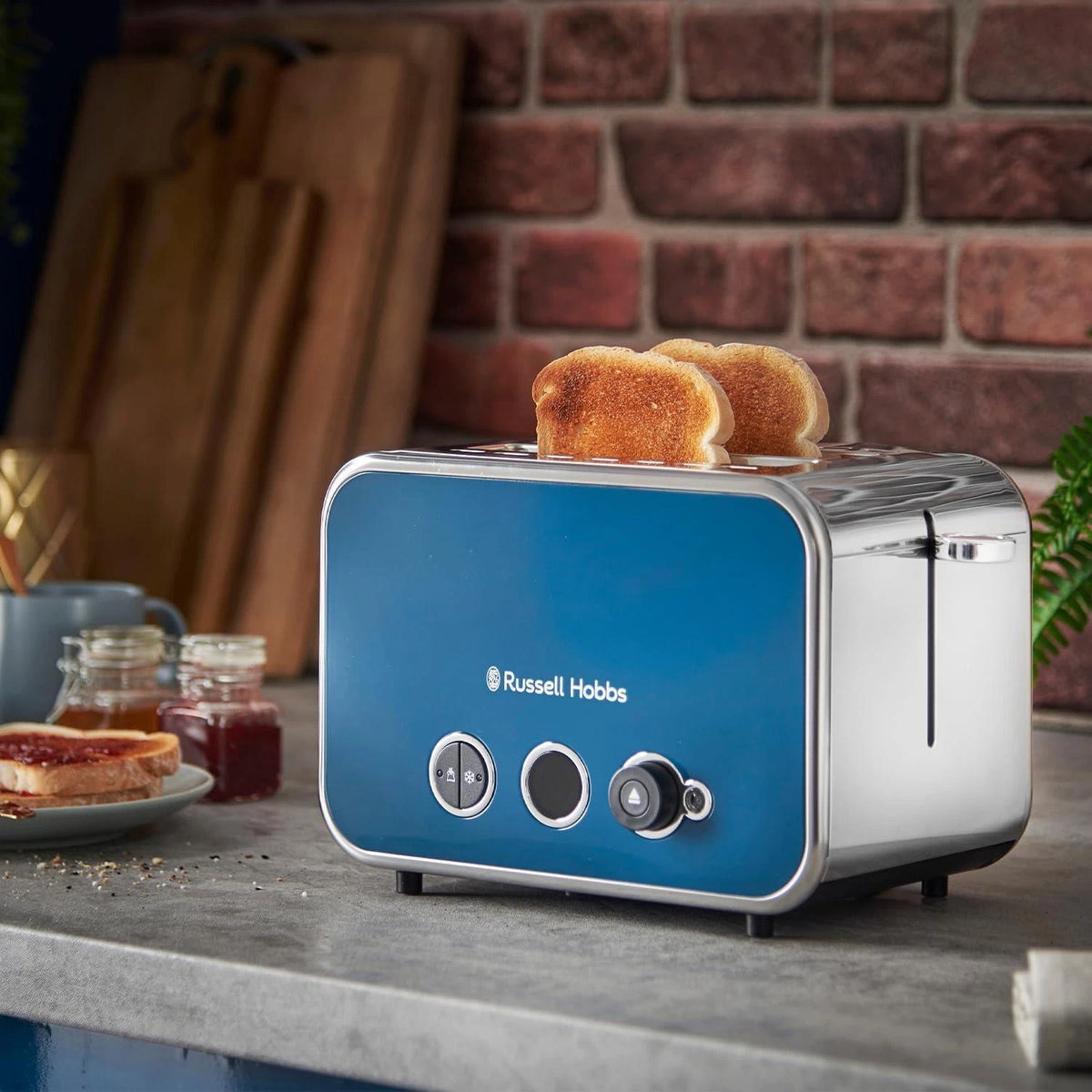 Russell Hobbs Distinctions Pyramid Kettle, 2 Slice Toaster & Microwave Kitchen Set (Ocean Blue)