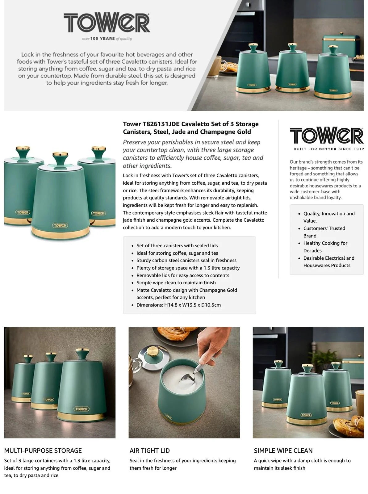 Tower Cavaletto Bread Bin & Canisters Kitchen Set (Jade Green)