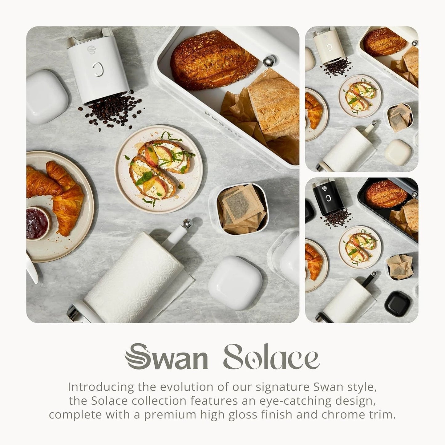Swan Solace Bread Bin & Canisters Matching Kitchen Storage Set (White) - Vibe Home