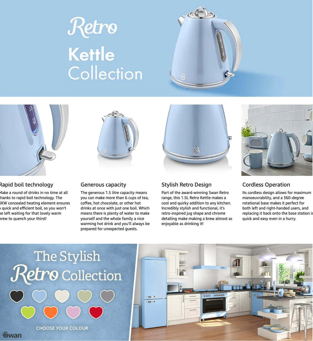 Swan Retro Blue Kitchen Set - Kettle, Toaster, Canisters, Bread Bin, Roll Holder