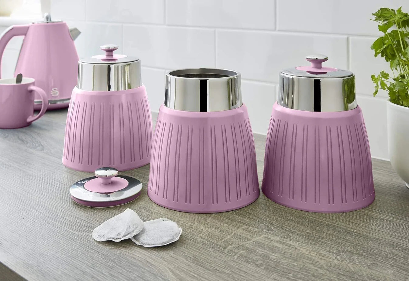 Swan Retro Kitchen Pink Bread Bin and Canister Set