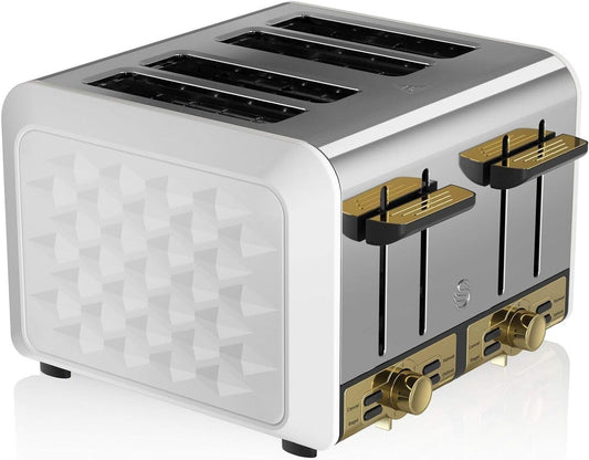NEW SWAN GATSBY WHITE & GOLD 4 SLICE TOASTER ELECTRONIC BROWNING ST14084WHTN UK