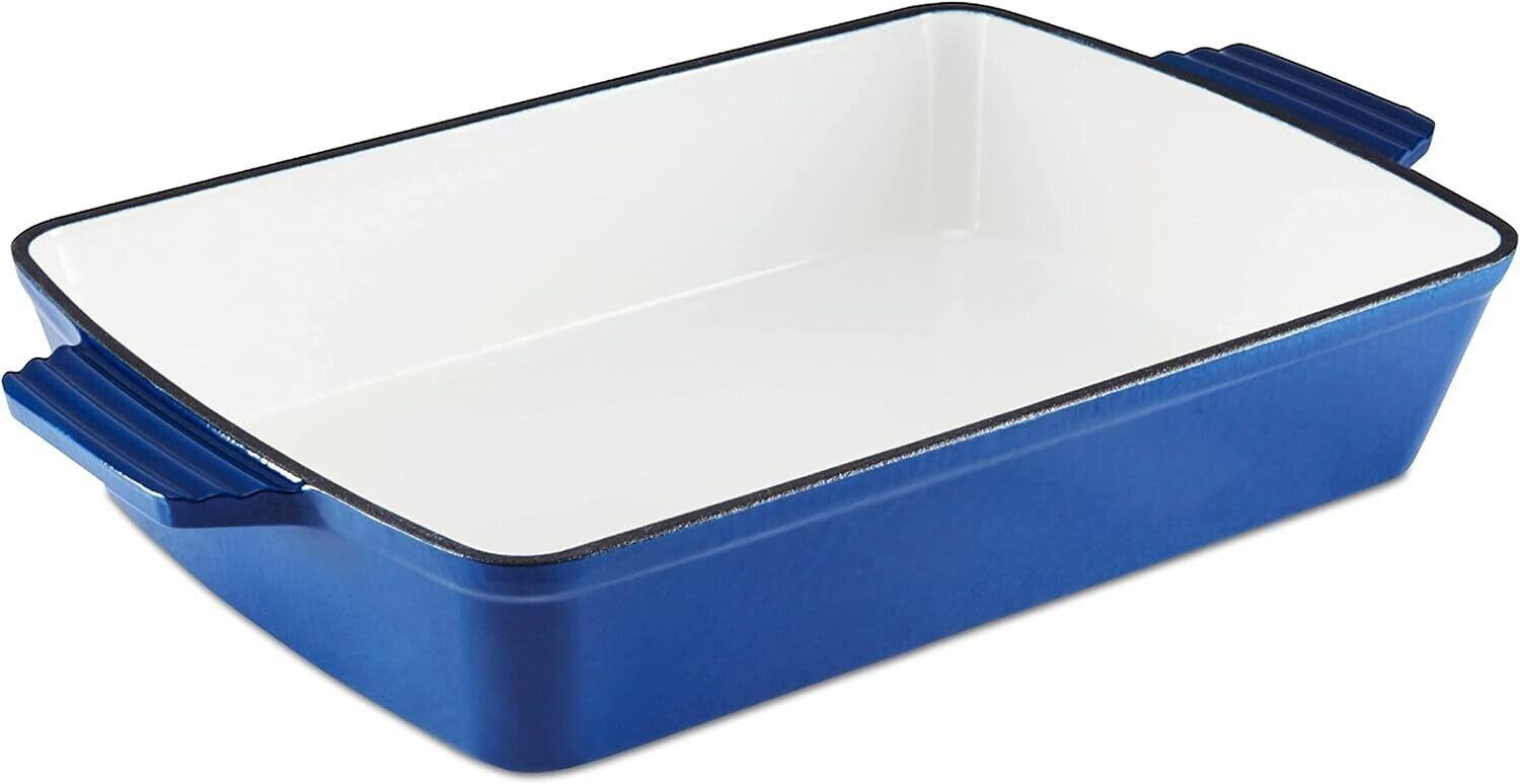 Barbary & Oak BO800258BLU Cast Iron Rectangular Roaster with Durable Enamel Interior, 39cm, Limoges Blue