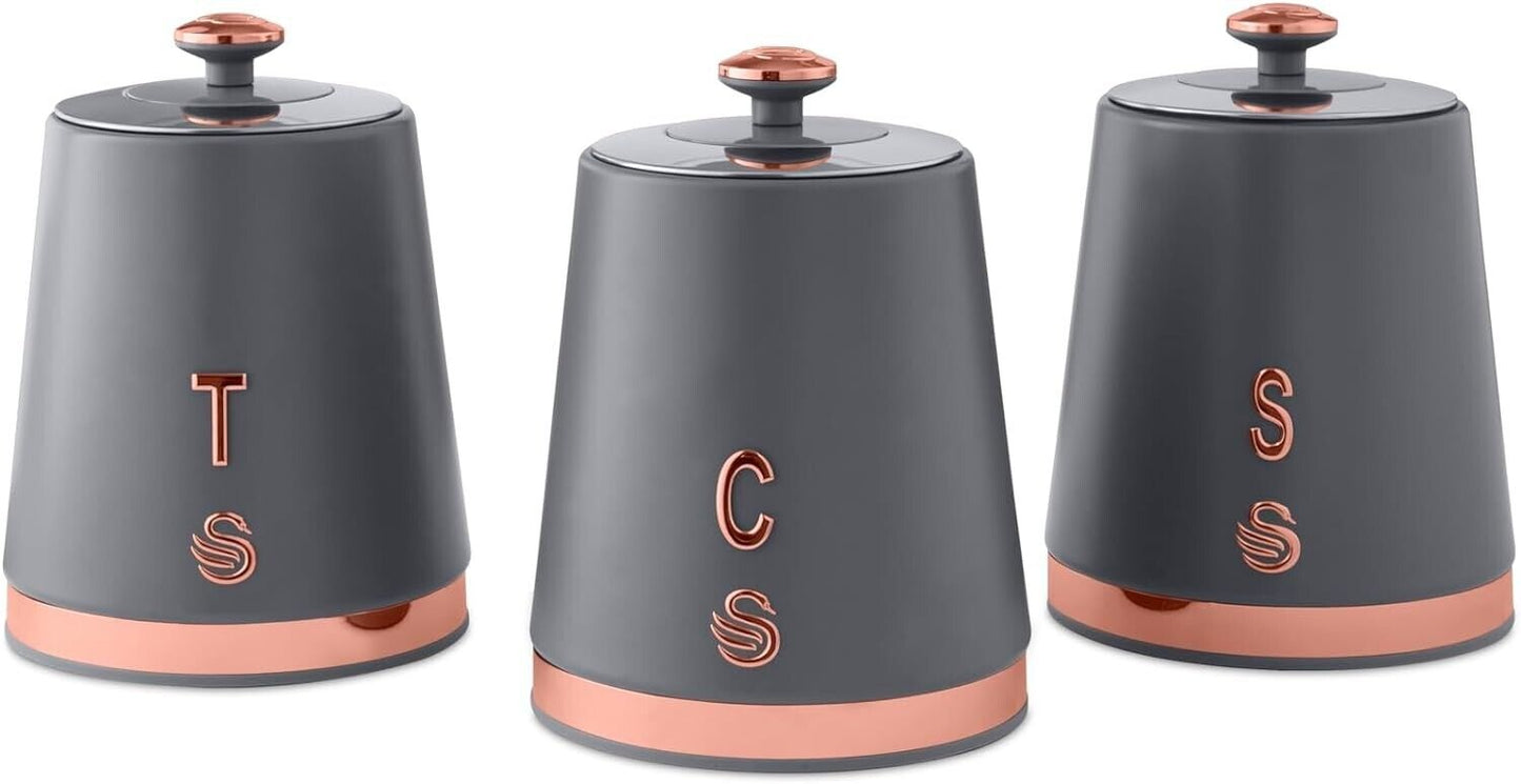 Swan Carlton Trio Canister Set - Tea, Coffee & Sugar - Grey & Rose Gold (3 Piece)