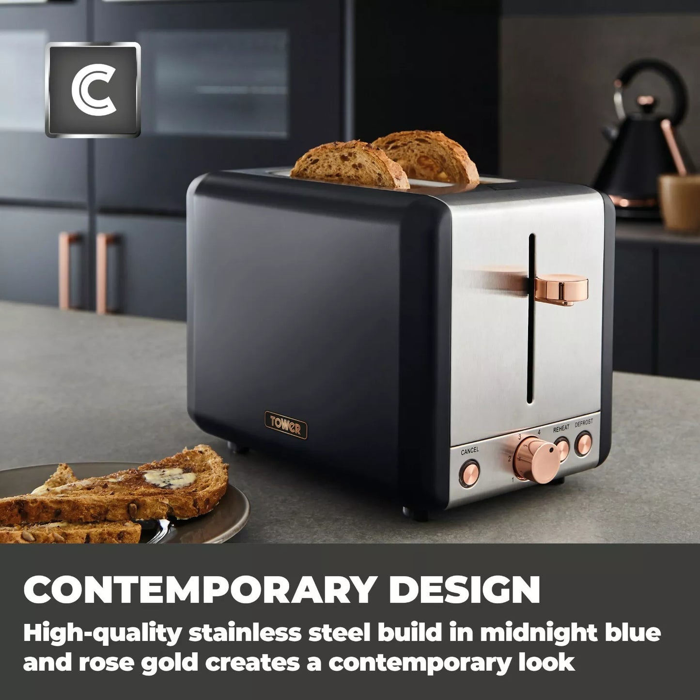 Tower Cavaletto Black Pyramid Kettle, 2 Slice Toaster Bread Bin Canisters Kitchen Set