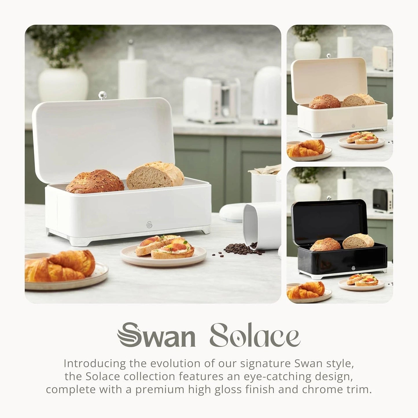 Swan Solace Bread Bin & Canisters Matching Kitchen Storage Set (White) - Vibe Home