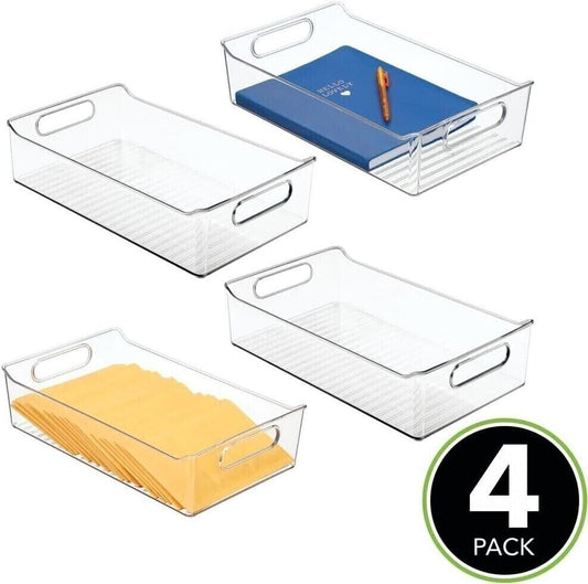 mDesign 4 Large Plastic Storage Trays with Handles Home Office Containers