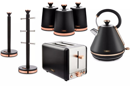 Tower Cavaletto Black Pyramid Kettle, 2 Slice Toaster Bread Bin Canisters Kitchen Set