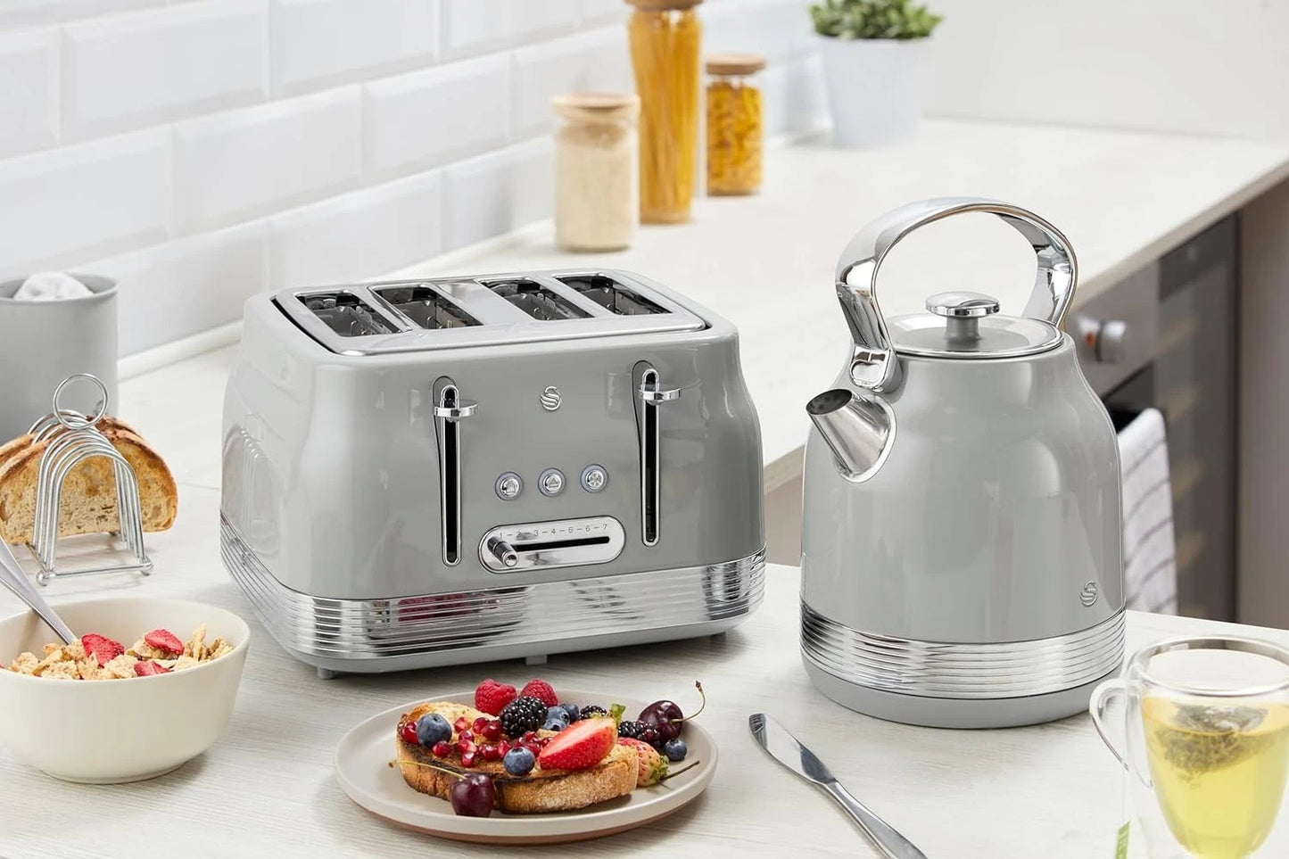 Swan Retro Pyramid Kettle, 4 Slice Toaster & Canisters Kitchen Set (Grey) - Vibe Home
