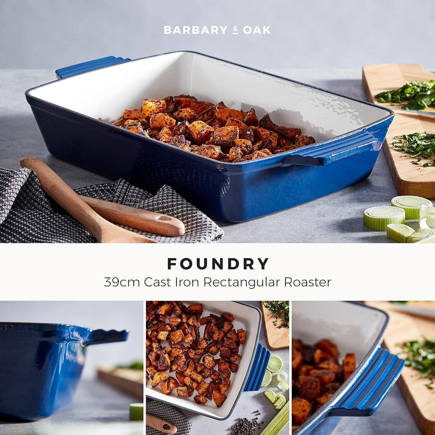 Barbary & Oak BO800258BLU Cast Iron Rectangular Roaster with Durable Enamel Interior, 39cm, Limoges Blue