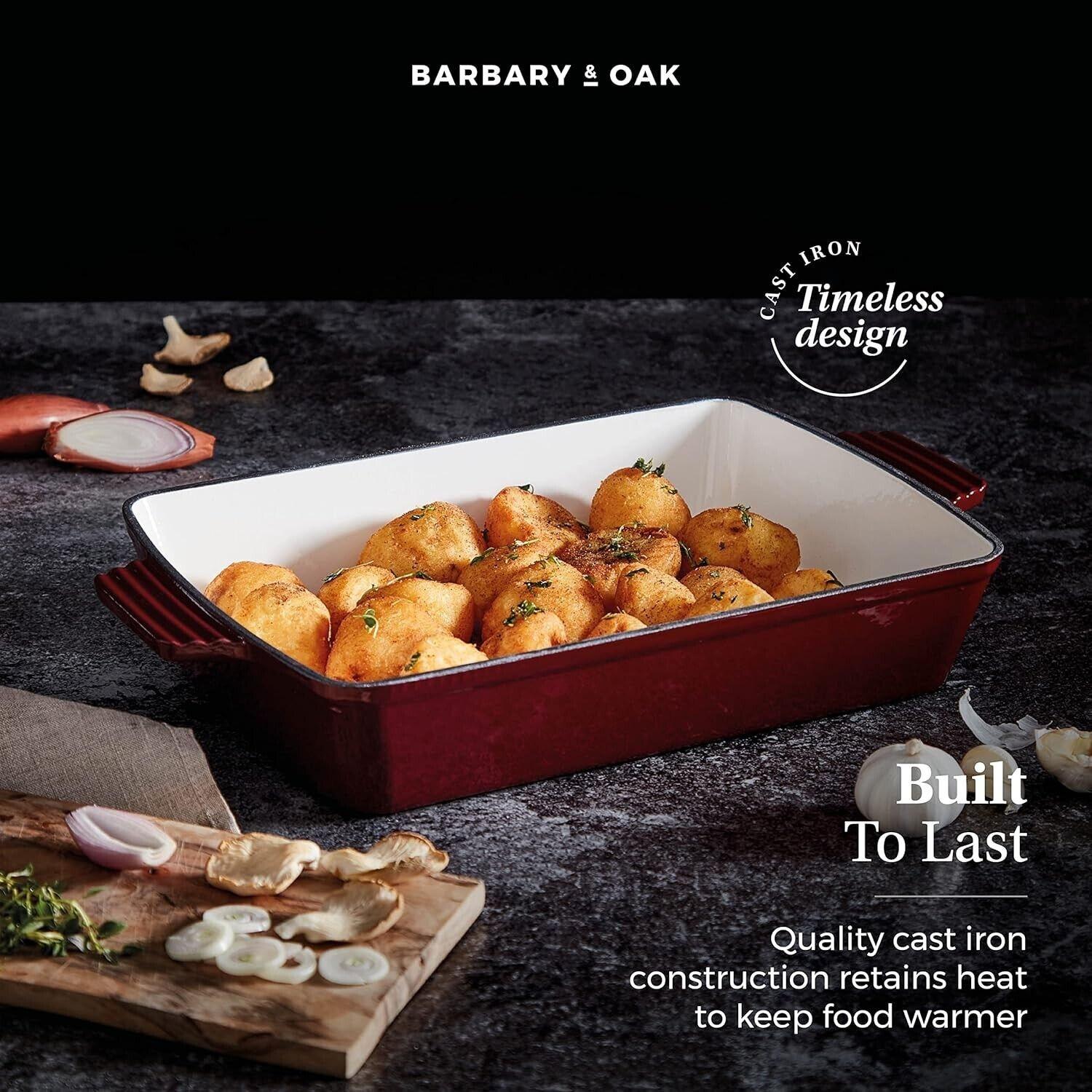 Barbary & Oak BO800258RED Cast Iron Rectangular Roaster with Durable Enamel Interior, 39cm, Bordeaux Red