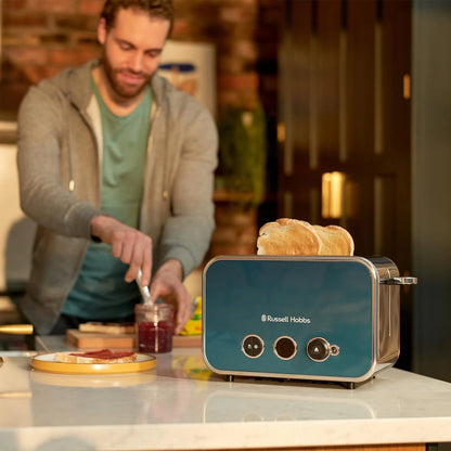 Russell Hobbs Distinctions Pyramid Kettle, 2 Slice Toaster & Microwave Kitchen Set (Ocean Blue)