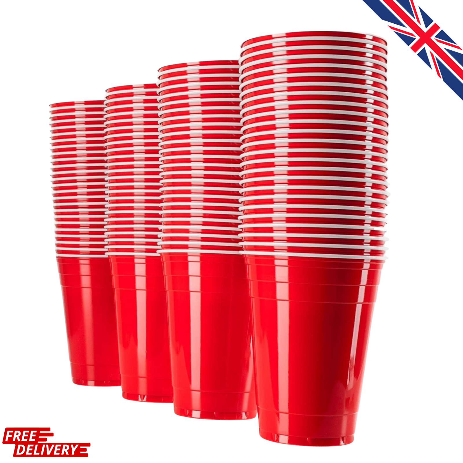 Vivaloo red plastic party cups in a large stack, white inner rims