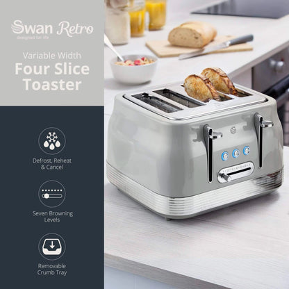 Swan Retro Pyramid Kettle, 4 Slice Toaster & Canisters Kitchen Set (Grey) - Vibe Home