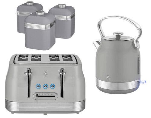 Swan Retro Pyramid Kettle, 4 Slice Toaster & Canisters Kitchen Set (Grey) - Vibe Home