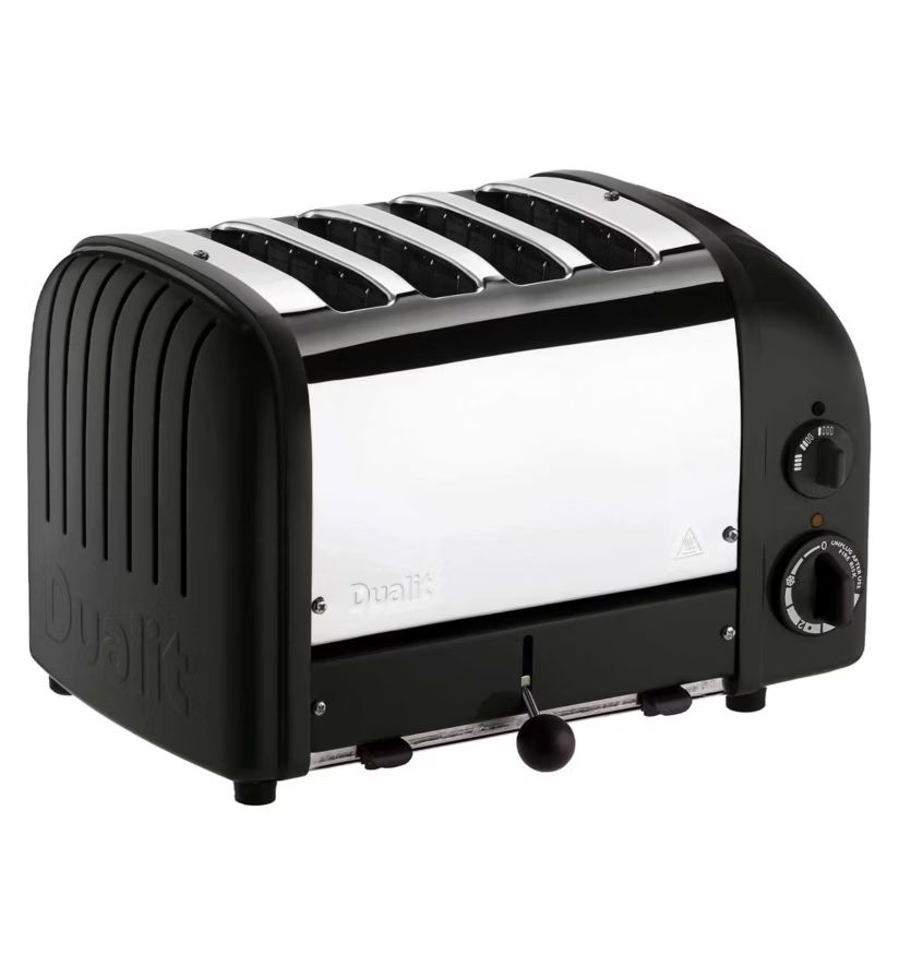 Matte black 4-slice toaster with top slots and two control dials, front view.