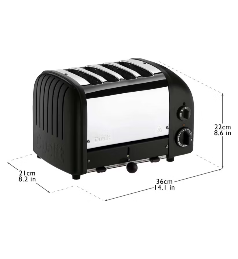 Matte black 4-slice toaster on side view with control dial and removable crumb tray feet.