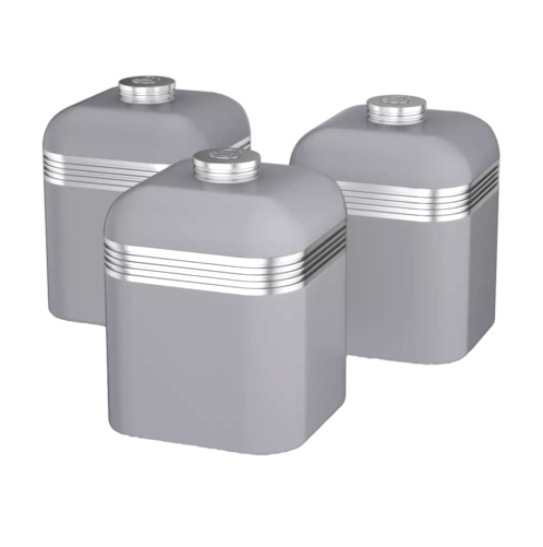 Grey retro canisters set of 3 with silver ribbed bands and embossed lid knobs