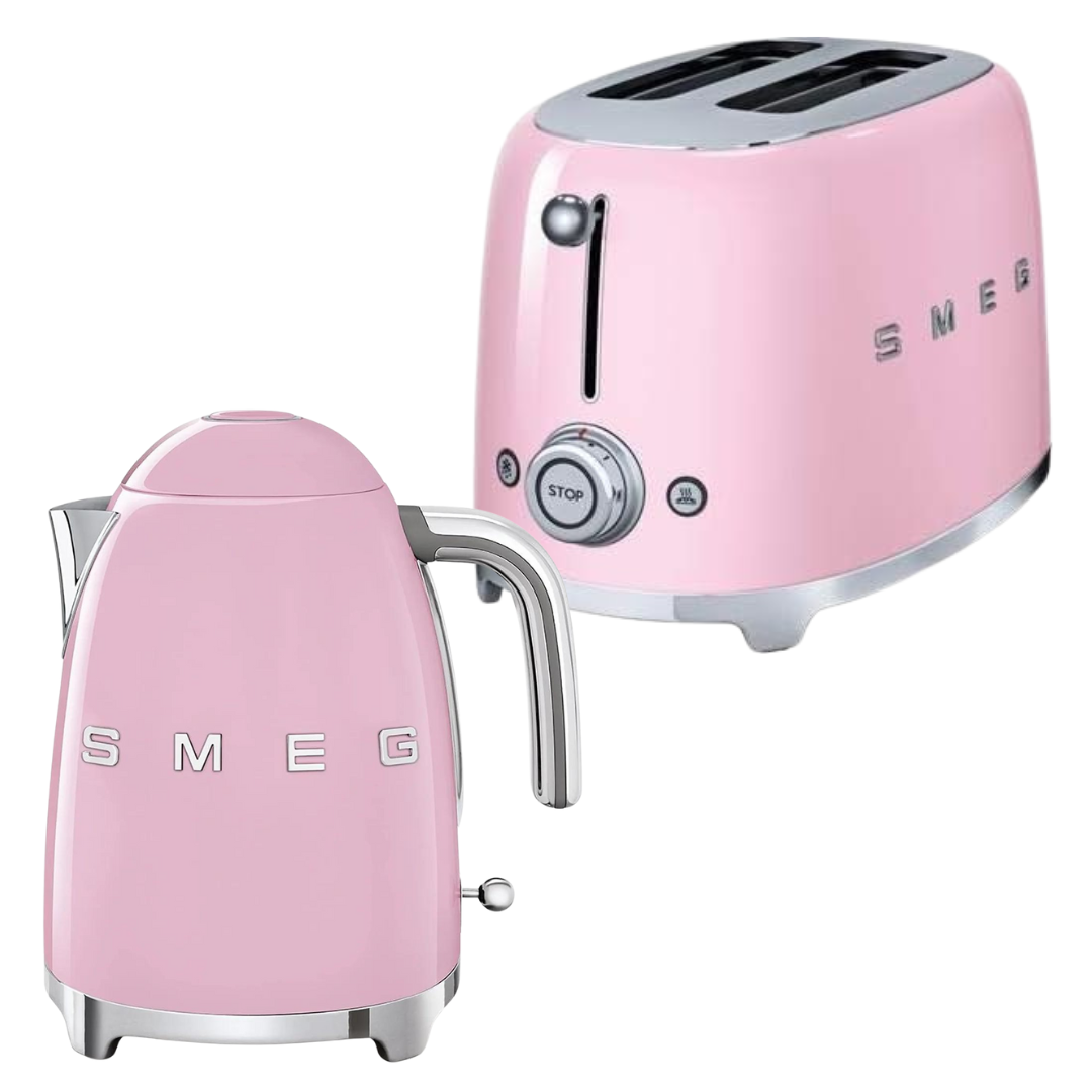 SMEG Retro Kettle & 2 Slice Toaster Matching Kitchen Set (Pastel Pink)