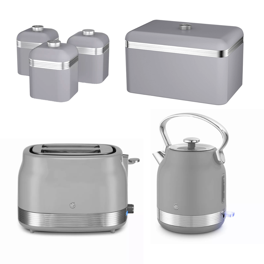 Grey retro kitchen storage set with canisters, bread bin, toaster and kettle
