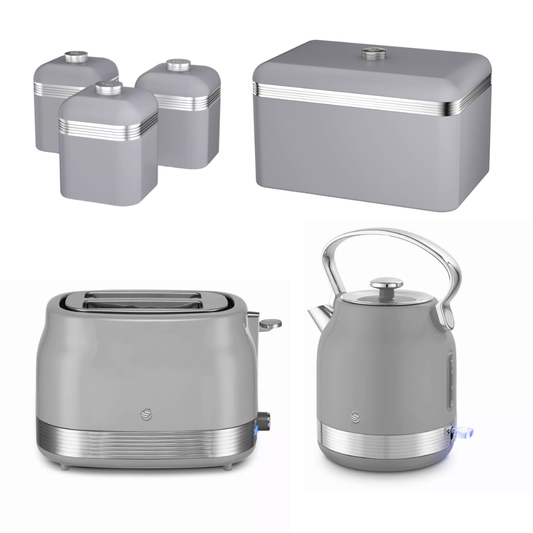 A coordinated kitchen appliance set in a brushed silver-gray finish with polished chrome accents, including a rectangular storage box, three canisters, a toaster, and an electric kettle, arranged on a white background.