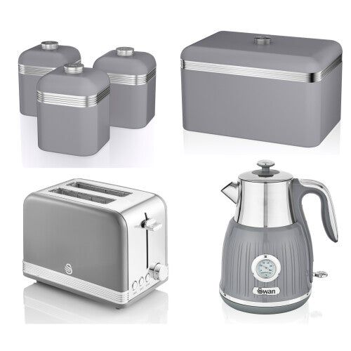 Swan Retro Kettle, 2 Slice Toaster, Bread Bin & Canisters Kitchen Set (Grey)