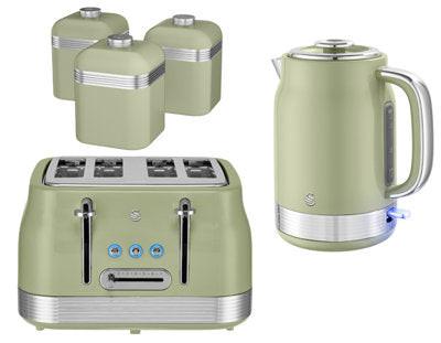 Swan Retro Jug Kettle, 4 Slice Toaster & Canisters Kitchen Set (Green) - Vibe Home