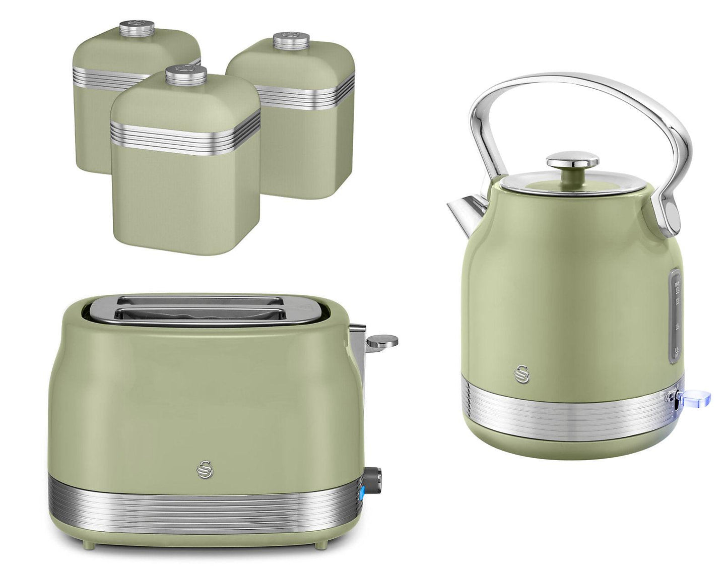 Swan Retro Pyramid Kettle, 2 Slice Toaster & Canister Kitchen Set (Green) - Vibe Home