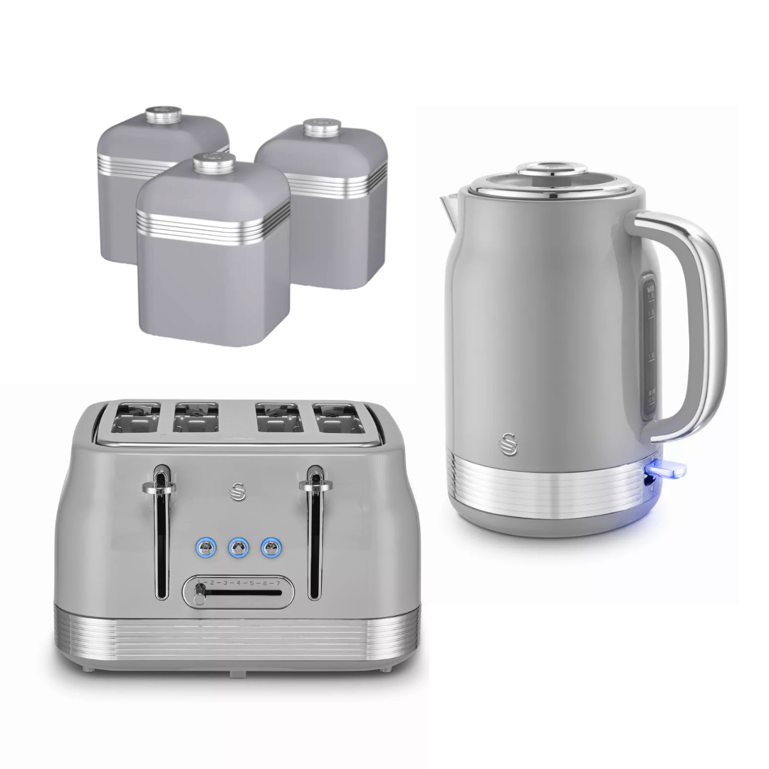 Swan Swan Retro Jug Kettle, 4 Slice Toaster & Canisters Kitchen Set (Grey)