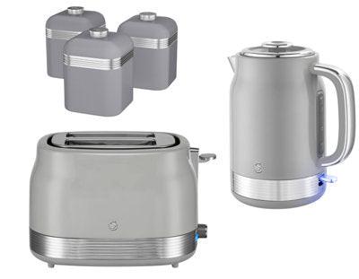 Swan Retro Jug Kettle, 2 Slice Toaster & Canisters Kitchen Set (Grey) - Vibe Home