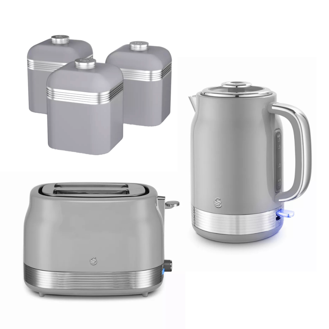 Swan Swan Retro Jug Kettle, 2 Slice Toaster & Canisters Kitchen Set (Grey)