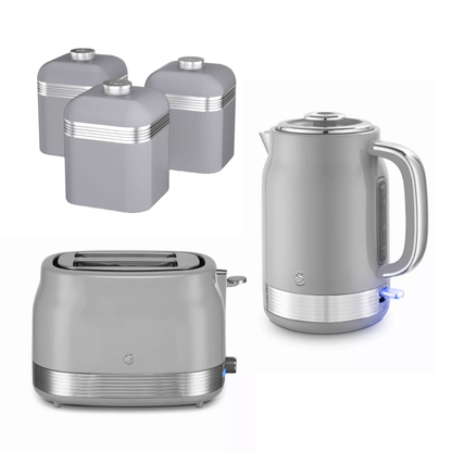 Swan Swan Retro Jug Kettle, 2 Slice Toaster & Canisters Kitchen Set (Grey)