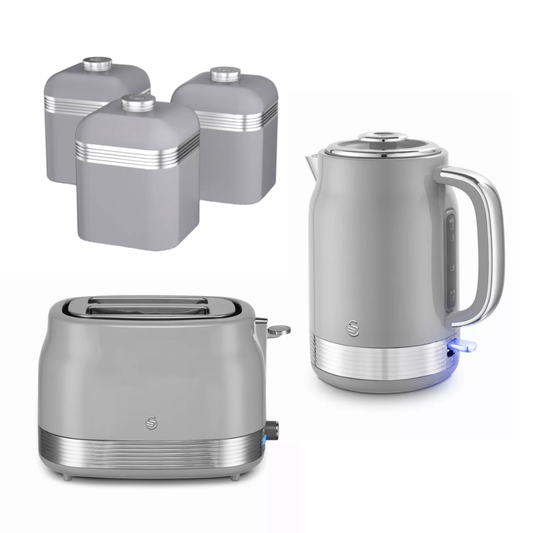A retro-style multi-piece kitchen appliance set in a matching metallic gray finish, including a 2-slice toaster, an electric kettle, and three canisters, arranged on a plain white background.