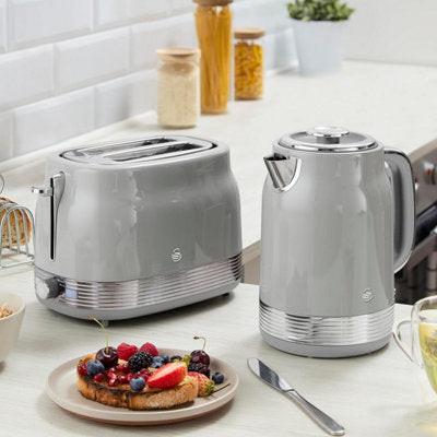 Swan Retro Jug Kettle, 2 Slice Toaster & Canisters Kitchen Set (Grey) - Vibe Home