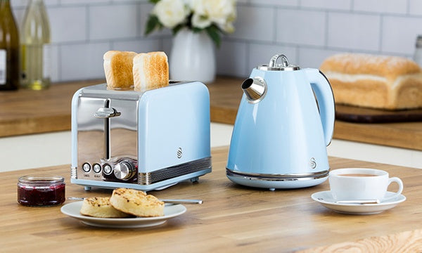 Swan Retro Kettle, 2 Slice Toaster, Bread Bin, Canisters, Mug Tree & Towel Pole Kitchen Set (Blue)