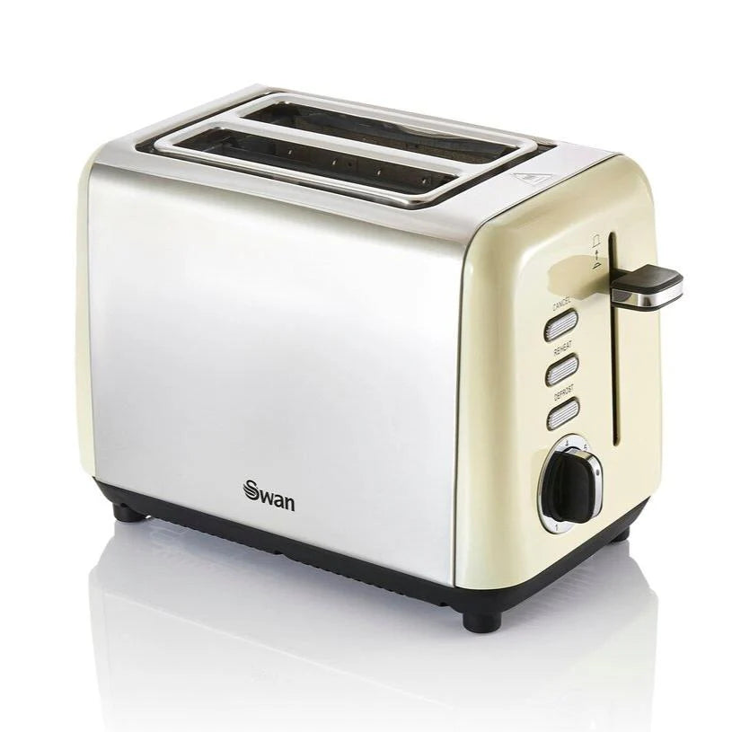 Swan TownHouse Kettle, 2 Slice Toaster, Bread Bin & Canisters Kitchen Set (Cream)