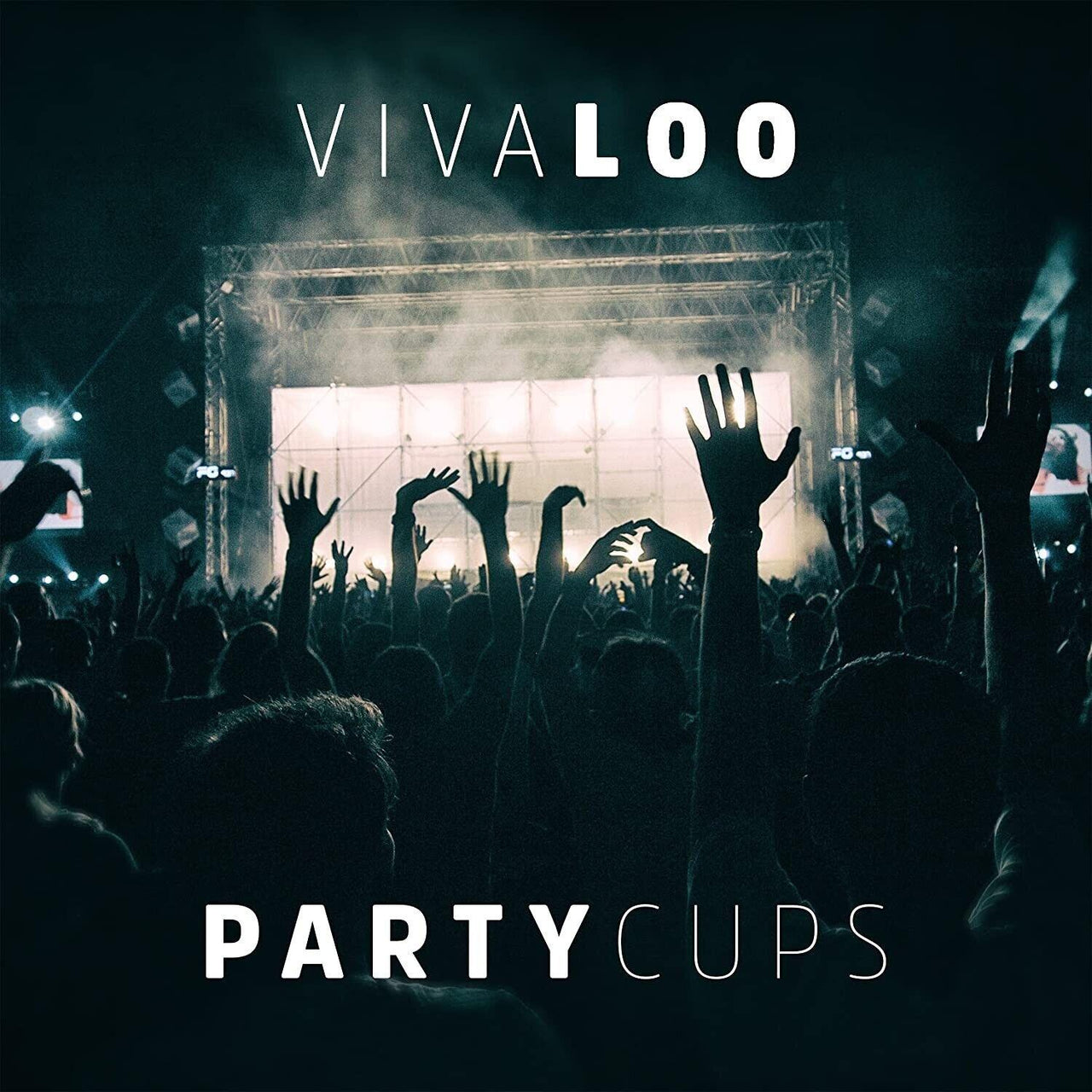 VIVALOO party cups graphic showing hands raised with brand and text