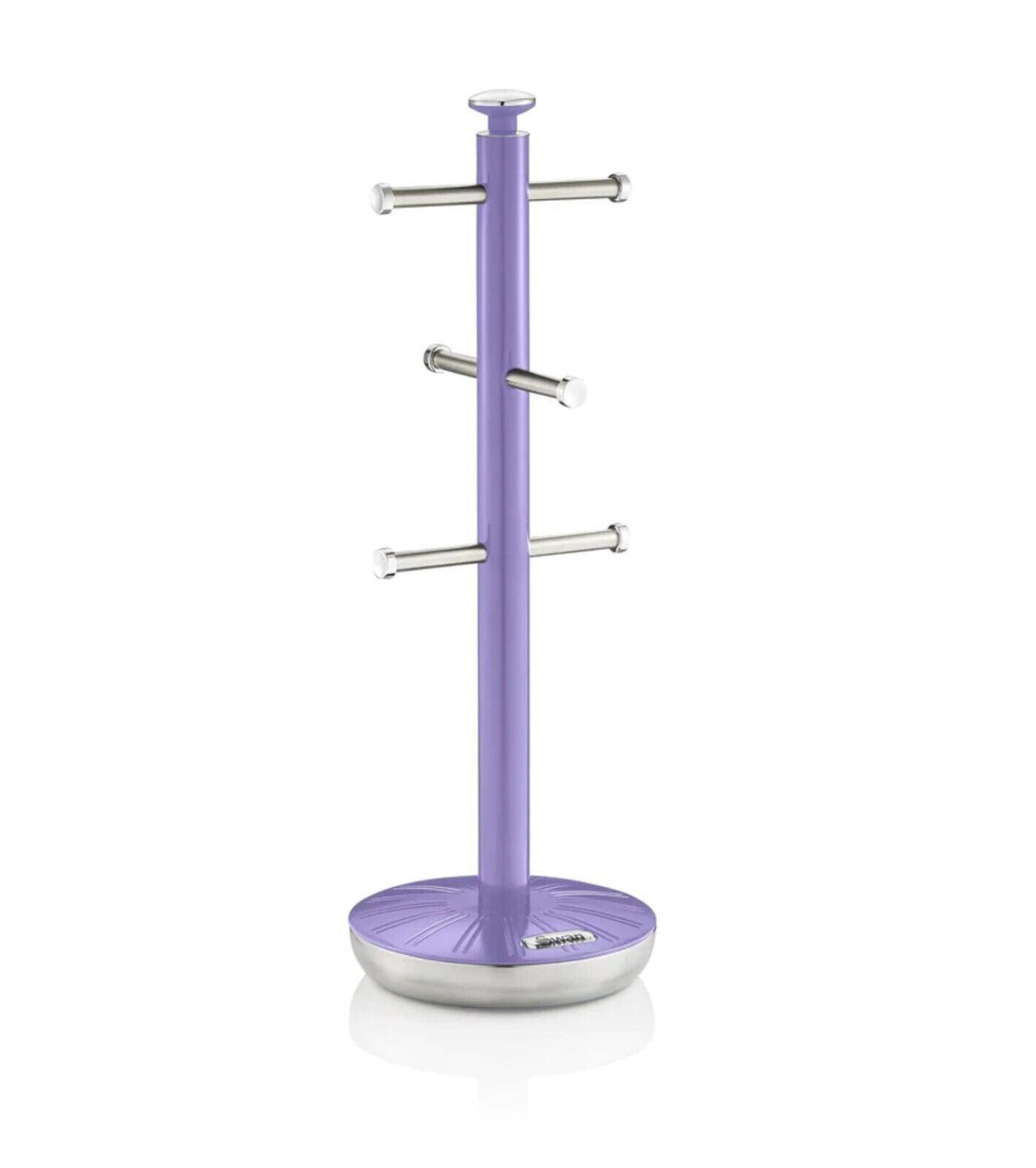Purple mug tree towel pole with round base and three chrome bars, no mugs shown