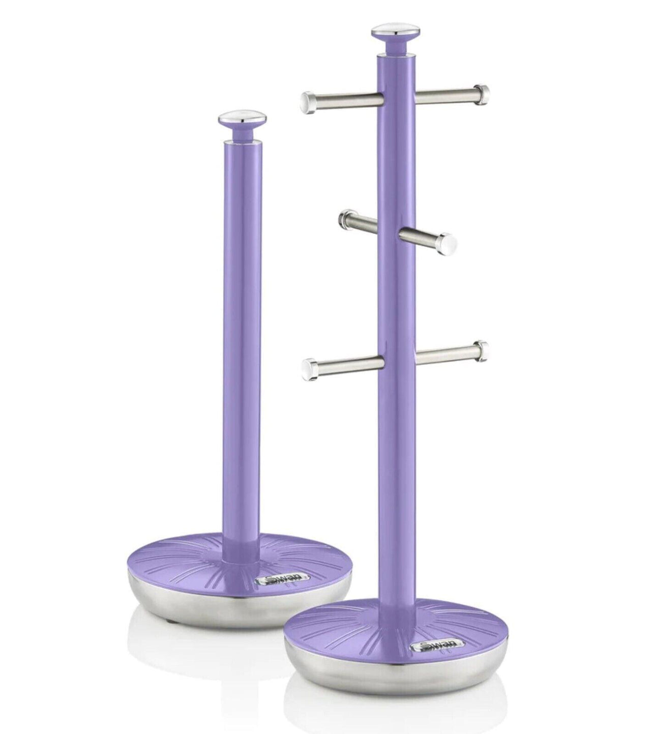 Purple towel pole mug tree with round base and three chrome hanging arms, white accents
